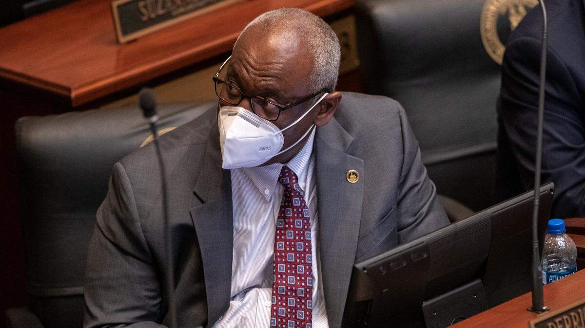 Kentucky state Rep. Derrick Graham, D-Frankfort, sits at his desk during a recess on the second day for the 2021 legislative session at the Kentucky state Capitol in Frankfort, Ky., Wednesday, Jan. 6, 2021. On Friday, Graham announced he won’t be seeking re-election in the 57th House District.