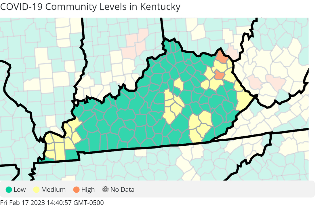 Kentucky's latest COVID-19 community levels from the U.S. Centers for Disease Control and Prevention.