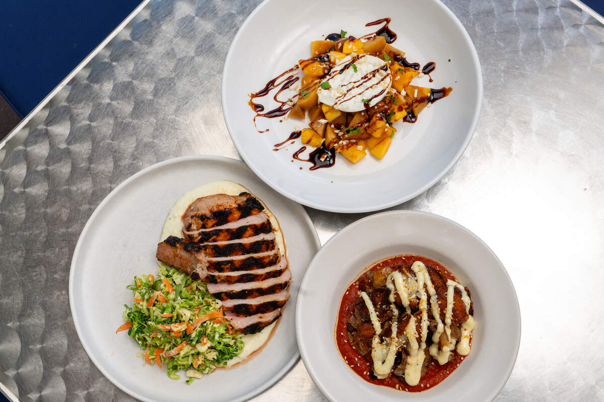Clockwise from top, the new summer menu at Azur includes Stone Fruit & Burrata (fresh burrata with peaches and plums and finished with a balsamic reduction, pistachios and mint), Patatas Bravas (crispy Yukon gold potatoes topped with bravas sauce, garlic aioli and onion-sesame seasoning) and a Berkshire Pork Chop (12 oz. bone-in pork chop, grilled and served with shaved Brussel sprout slaw and a turnip puree).