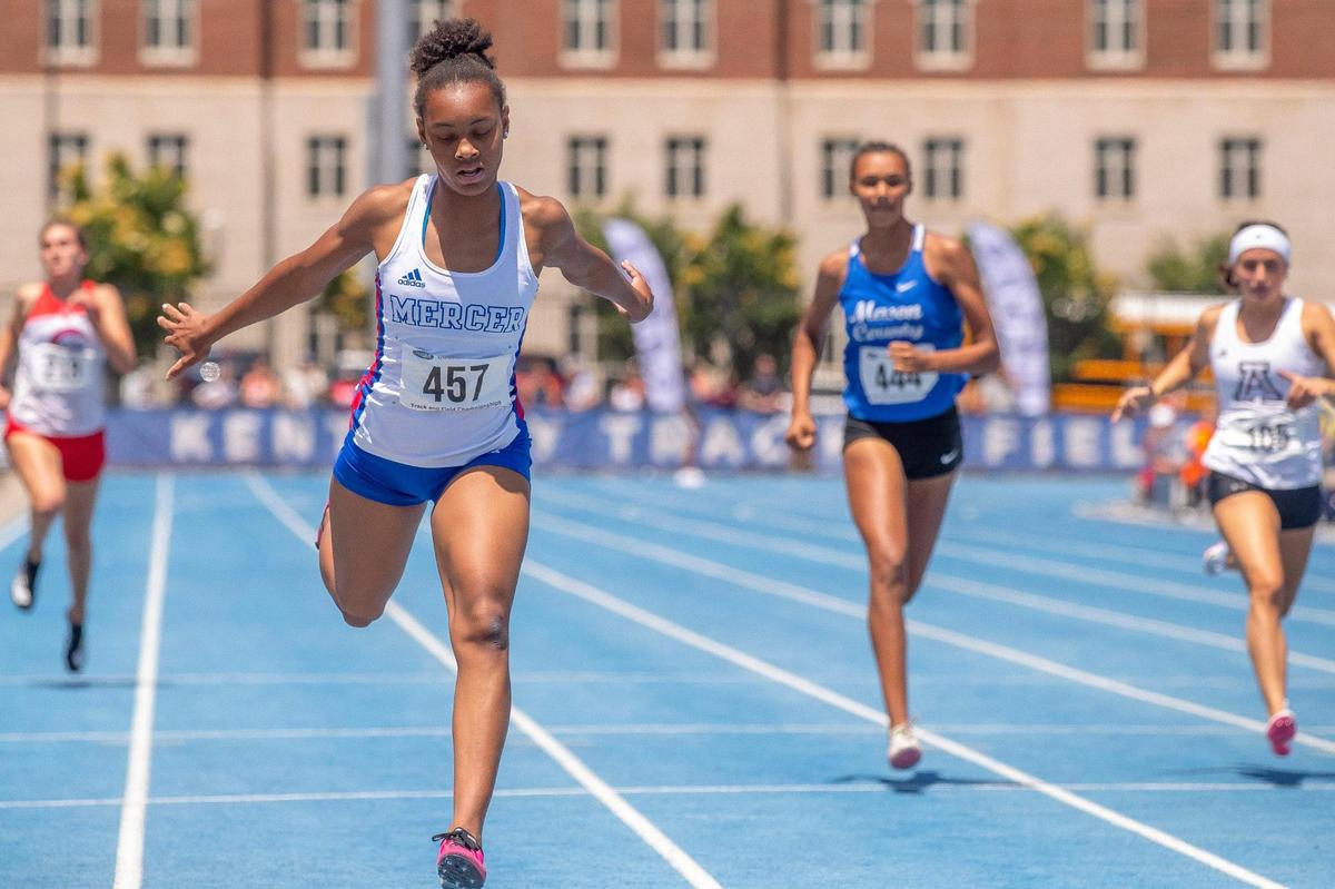 Timberlynn Yeast of Mercer County takes first place in the girls’ 200-meter dash during Friday’s Class 2A state championships at UK. Yeast won three events on the day.
