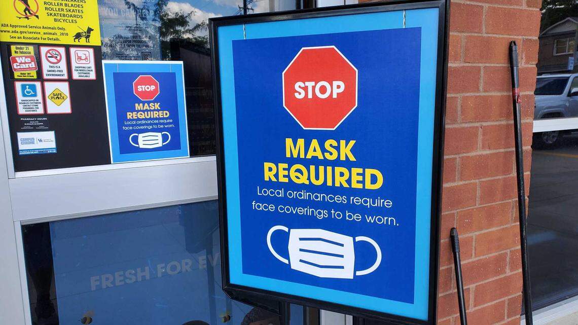 A sign posted outside Kroger in Lexington, Kentucky alerted customers that masks were required.