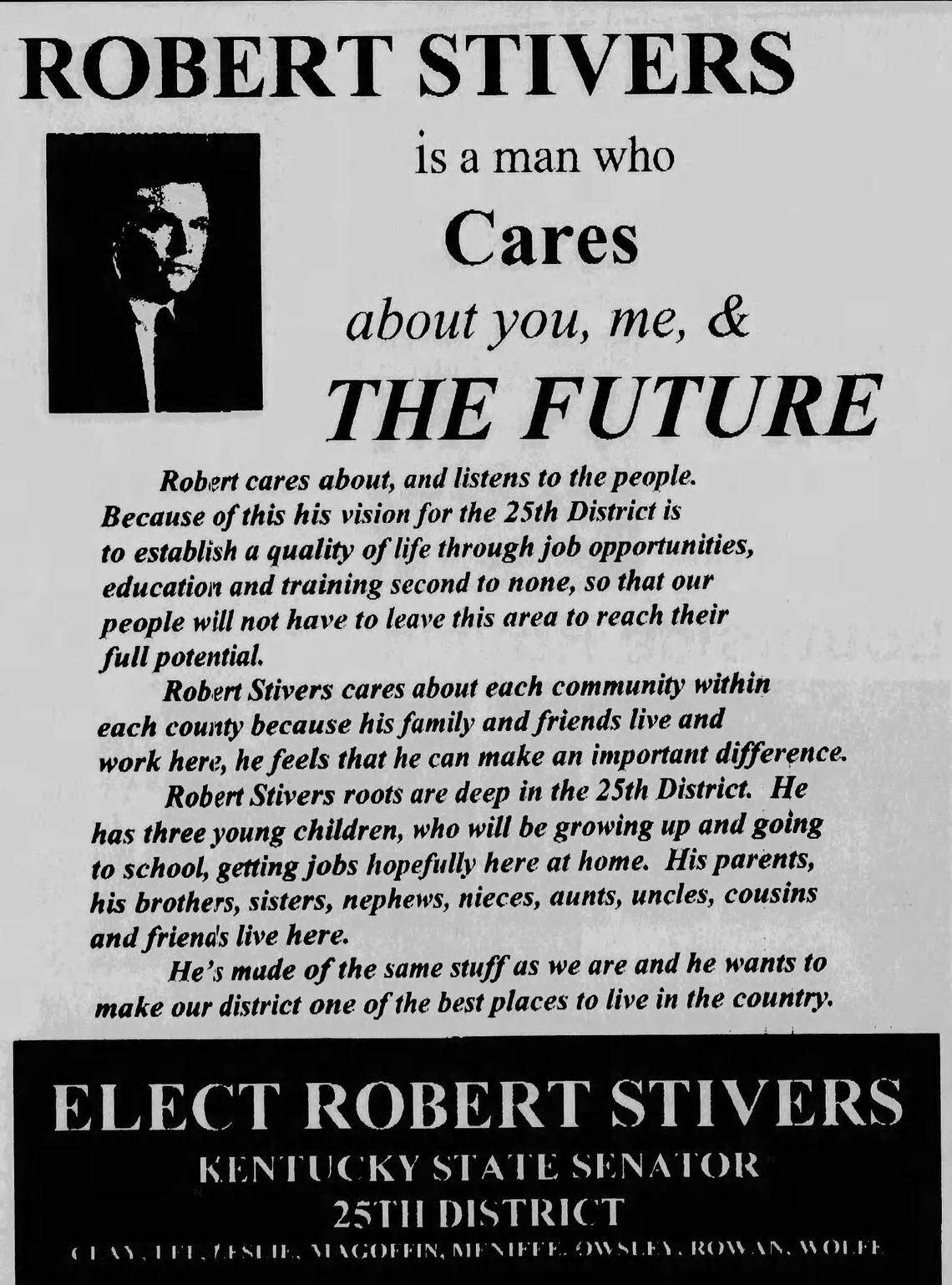 An ad in The Beattyville Enterprise from Senate President Robert Stivers’ first election in 1996.