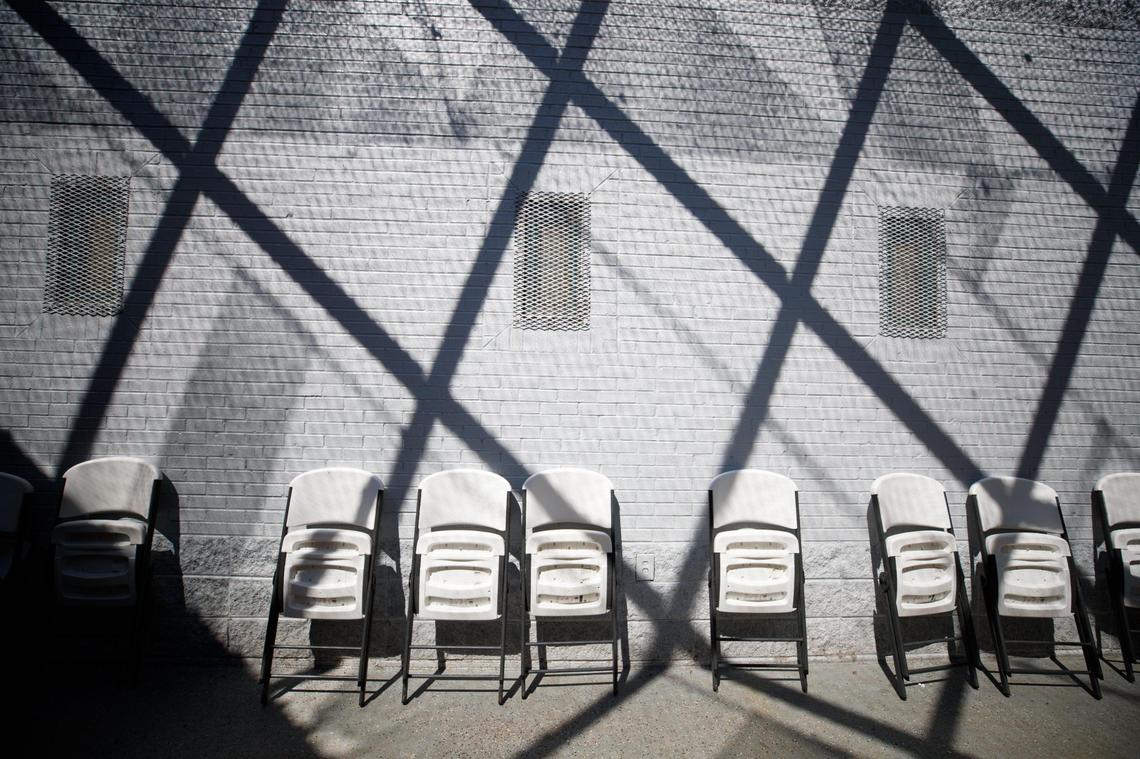 Chairs line the wall at the outside recreational are on Thursday, June 30, 2022, at the Madison County Detention Center in Richmond, Kentucky.