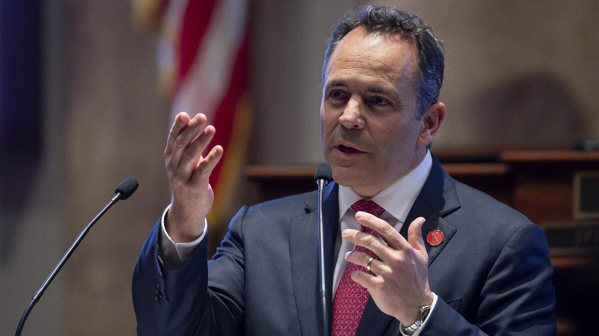 Kentucky Gov. Matt Bevin delivers the State of the Commonwealth address to a joint session of the state legislature at the state Capitol in Frankfort, Ky, Thursday, Feb. 7, 2019. (AP Photo/Bryan Woolston)