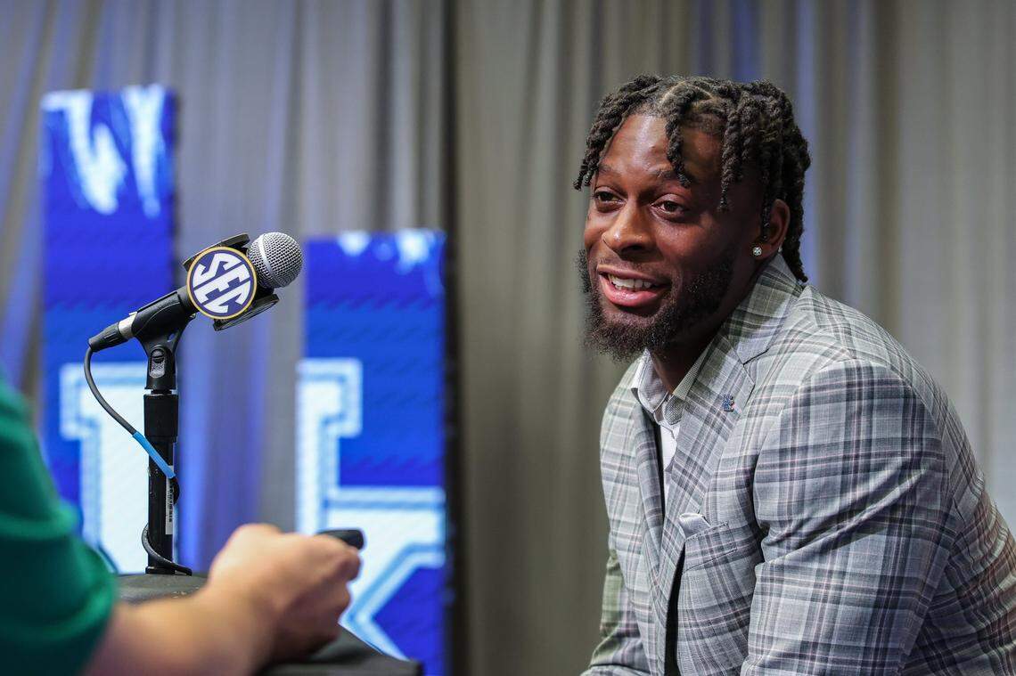 Kentucky defensive back Jordan Lovett answers questions during SEC Media Days at Omni Atlanta Hotel on Thursday.