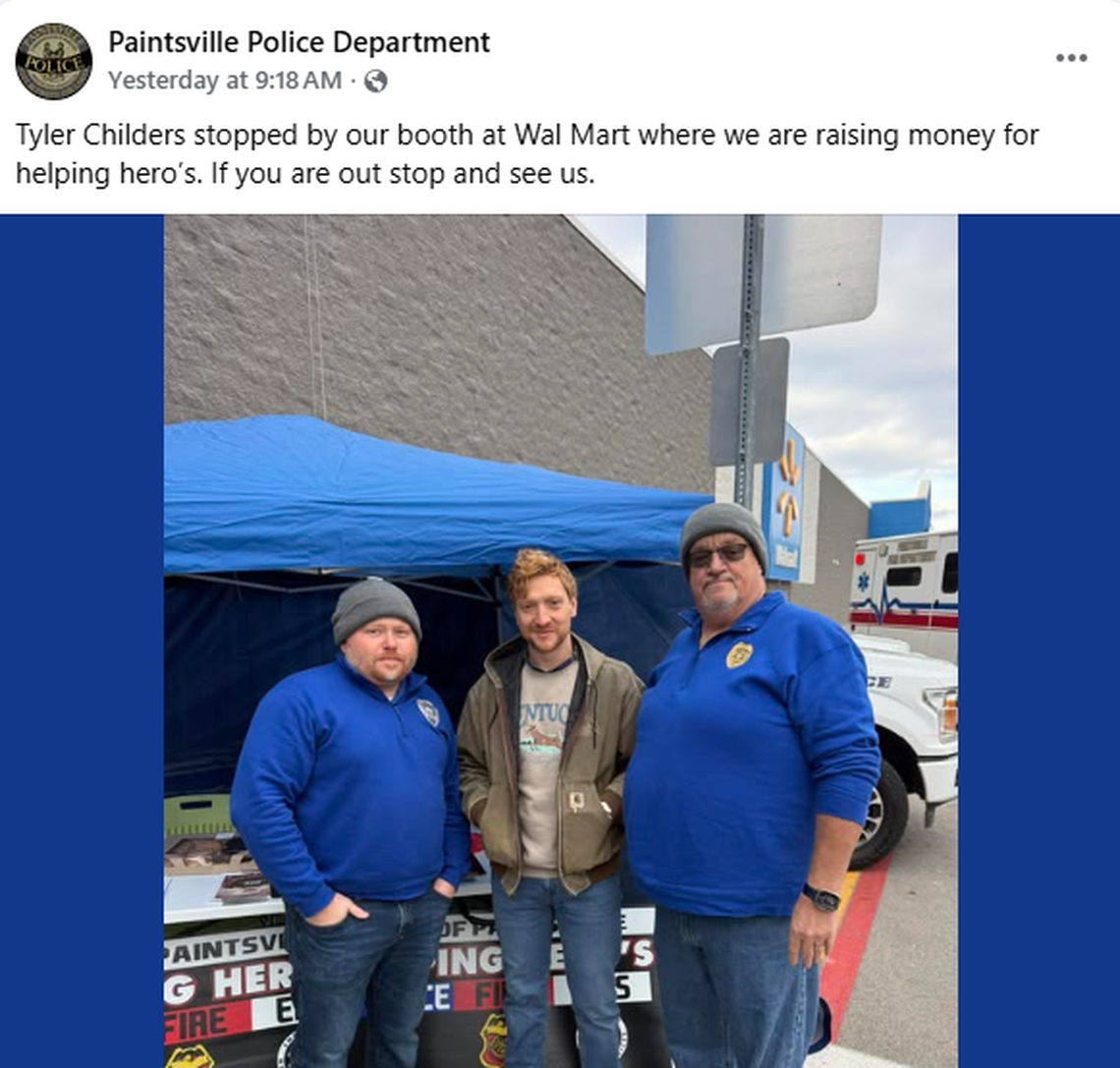 The Paintsville Police Department shared a photo of officers with country music superstar Tyler Childers at the fundraising booth at their local Walmart on Black Friday.