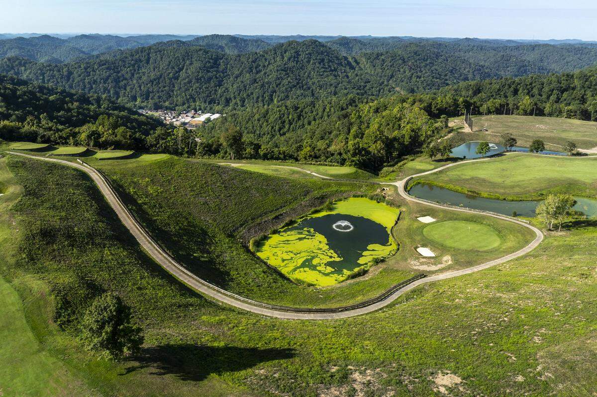 An aerial view of StoneCrest Golf Course in Prestonsburg. The golf course, which is located atop a former mountain top removal coal mining site offers scenic vistas.
