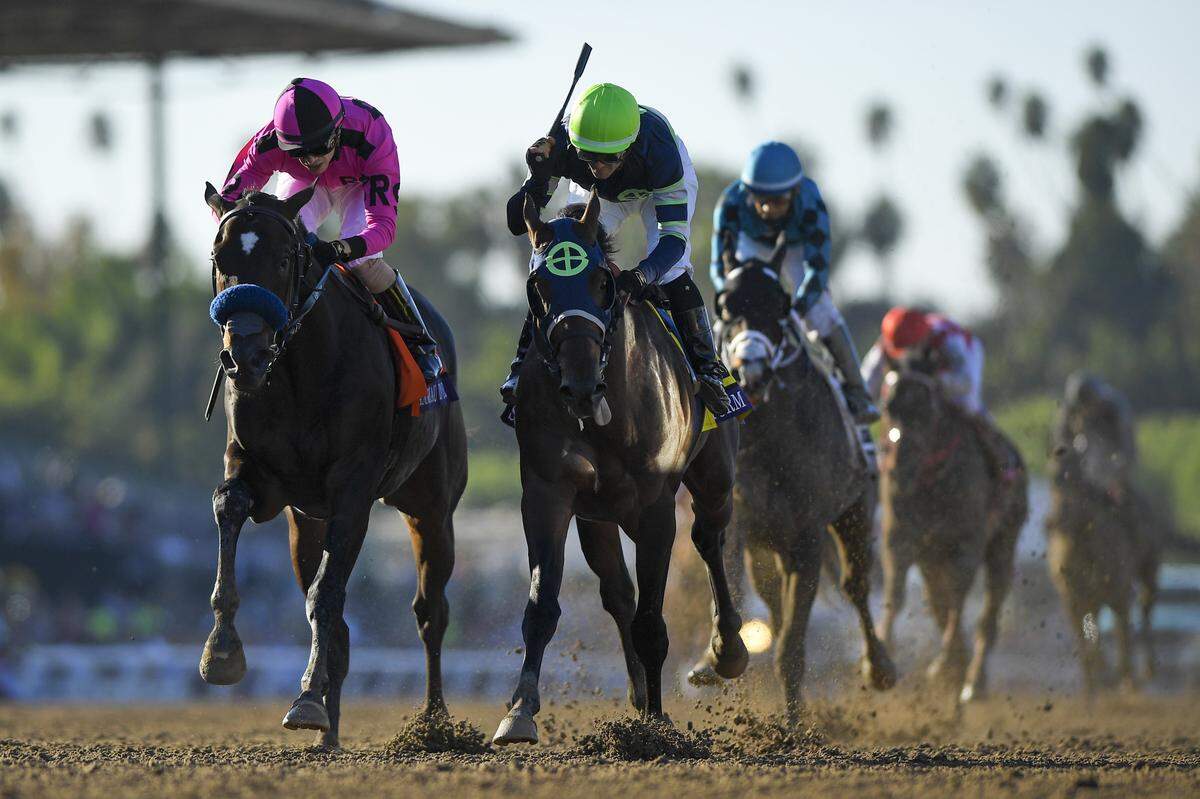 Flavien Prat and Storm the Court, right, edged out Anneau D’or, left, for the win in the Breeders’ Cup Juvenile at Santa Anita last November. Prat’s mounts on Breeders’ Cup weekend earned more than $3.7 million in purses.