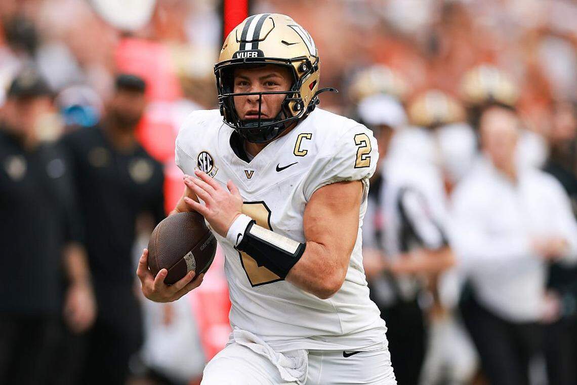 AUSTIN, TEXAS - NOVEMBER 01: Diego Pavia #2 of the Vanderbilt Commodores runs with the ball during the game against the Texas Longhorns at Darrell K Royal-Texas Memorial Stadium on November 01, 2025 in Austin, Texas. (Photo by Kenneth Richmond/Getty Images)