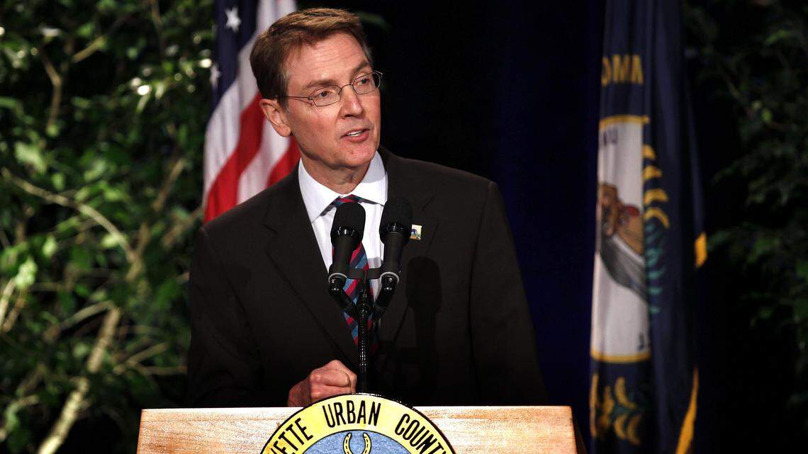 Lexington Mayor Jim Gray, shown giving the 2013 State of the Merged Government address last month, and Louisville Mayor Greg Fischer were in Frankfort on Tuesday to tout a local-option sales tax and legislative approval of public pension reforms.