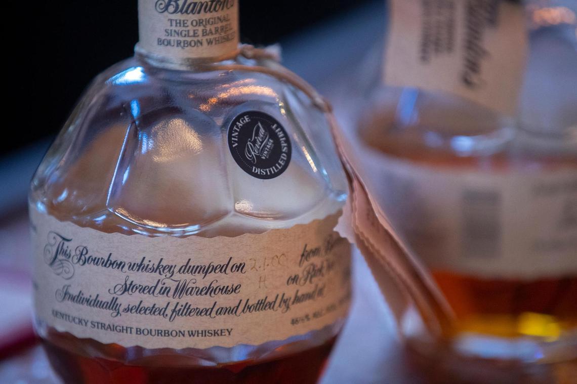 All vintage bottles for sale are required to display stickers, like this one on a bottle of Blanton’s in Revival Spirits in Covington, Ky.