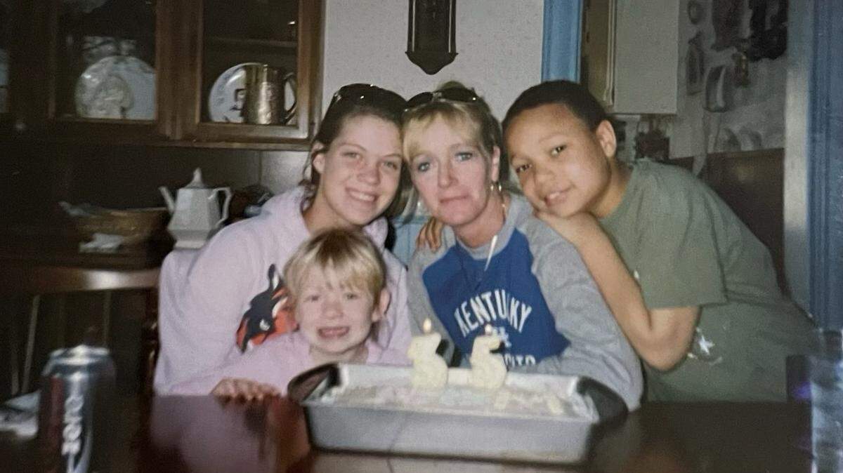 Zach Johnson, right, and his sisters Madison, bottom left, and Brittany, top left, lost their mother, Cindy, center, to a drug overdose during Zach’s seventh-grade year of middle school. Zach now is a senior football player at the University of Kentucky.