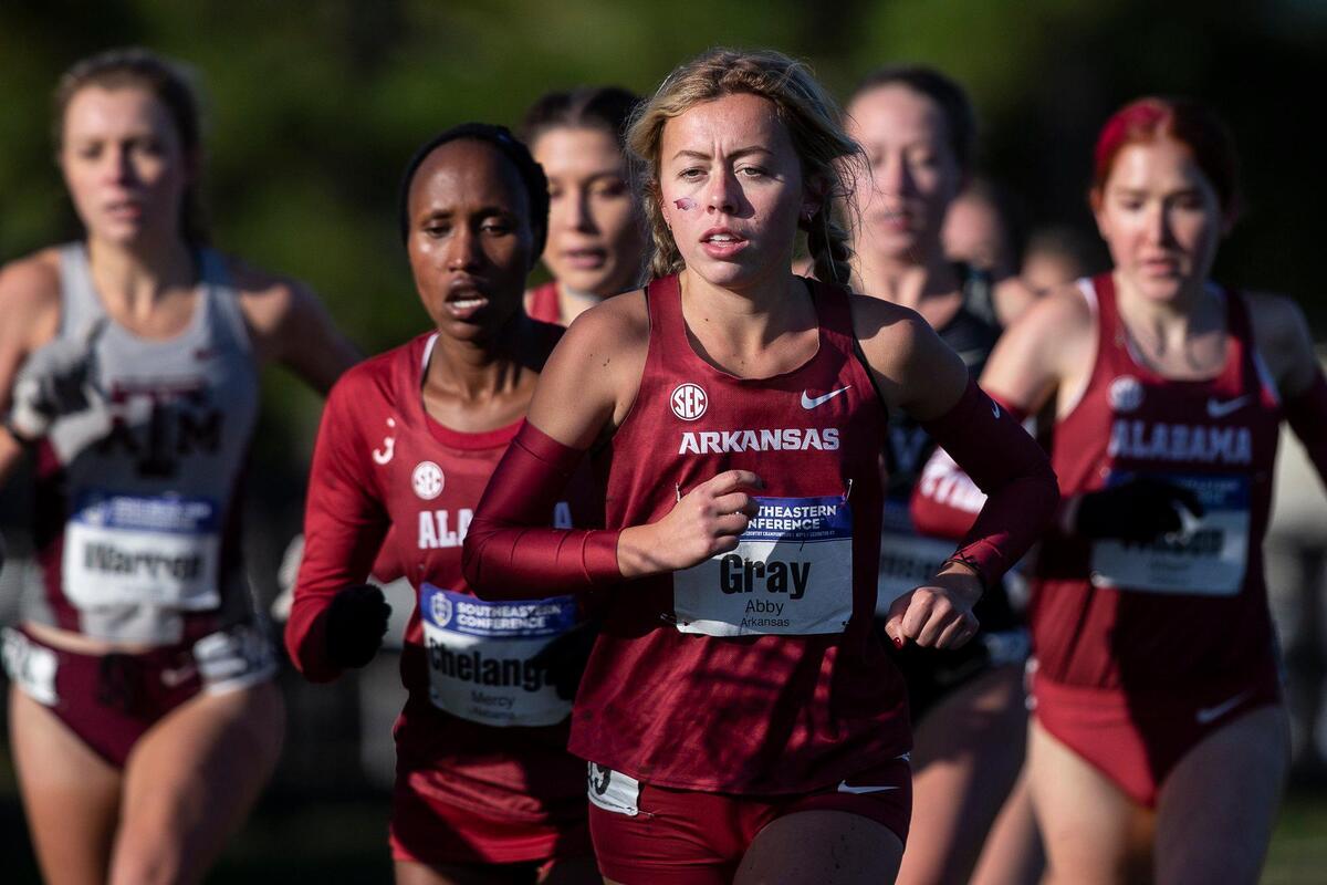 Abby Gray, of Arkansas, center, braved the cold to help the Razorbacks to their seventh consecutive SEC title and 20th overall.