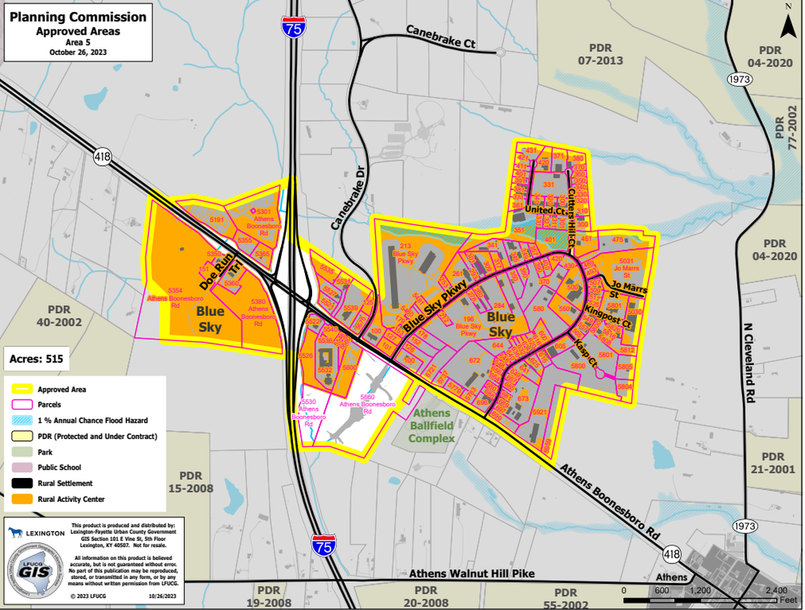 The Urban County Planning Commission voted to include more than 500 acres in the Blue Sky Rural Activity Center, the area around Athens Boonesboro Road and I-75, in a new 2,800 acre expansion area.