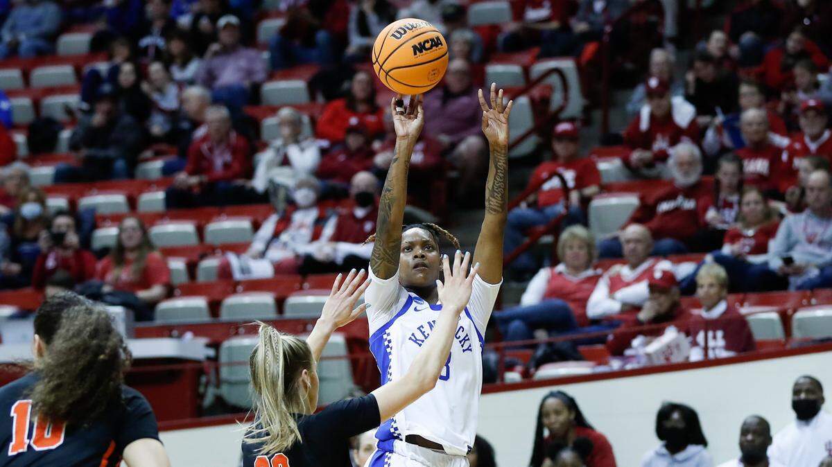 Jazmine Massengill takes a shot in Kentucky’s NCAA Tournament game against Princeton on Saturday, March 19, 2022, in Bloomington, Ind.