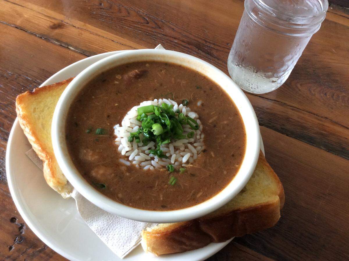 The all-day  menu at The Belt Line, 808 N. Limestone in Lexington, Ky., includes gumbo, made with a deep roux, holy trinity, andouille sausage, chicken and spices.