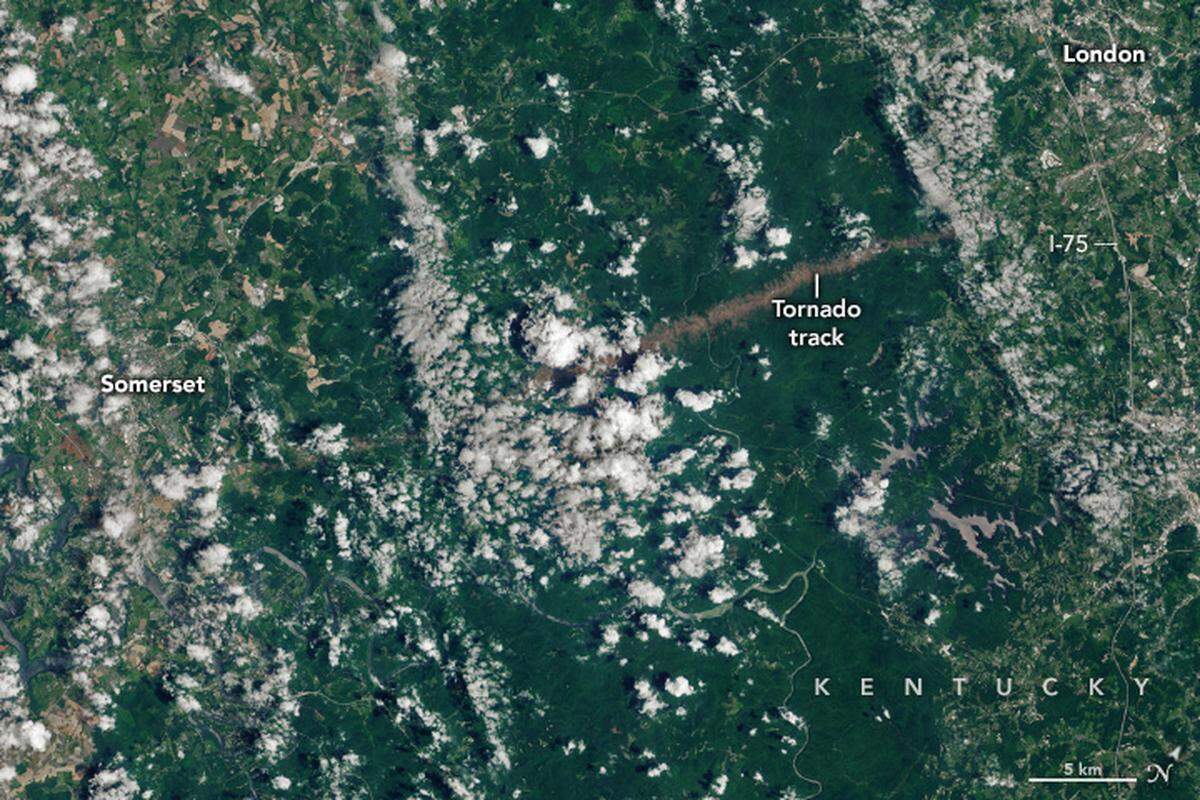 A May 16, 2025 tornado caused damage so widespread the path through the Daniel Boone National Forest in Pulaski and Laurel counties is visible from space, according to NASA.