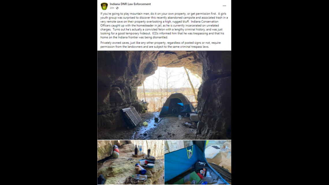 Photos show the camper had a tent set up just inside the cave’s entrance, and had clothing food and the makings of a grill.