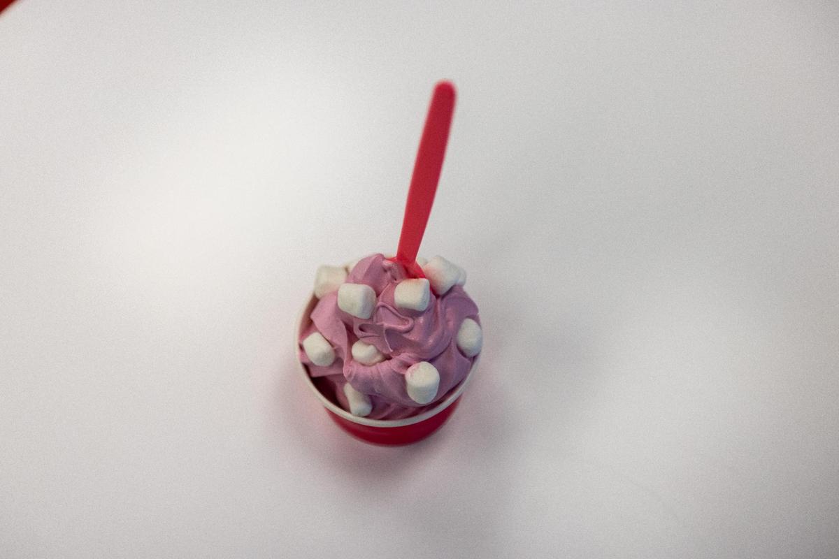 Strawberry ice cream with mini marshmallow puffs served at BoBi Cones soft serve ice cream shop at Palomar Centre Drive, December 10, 2021.