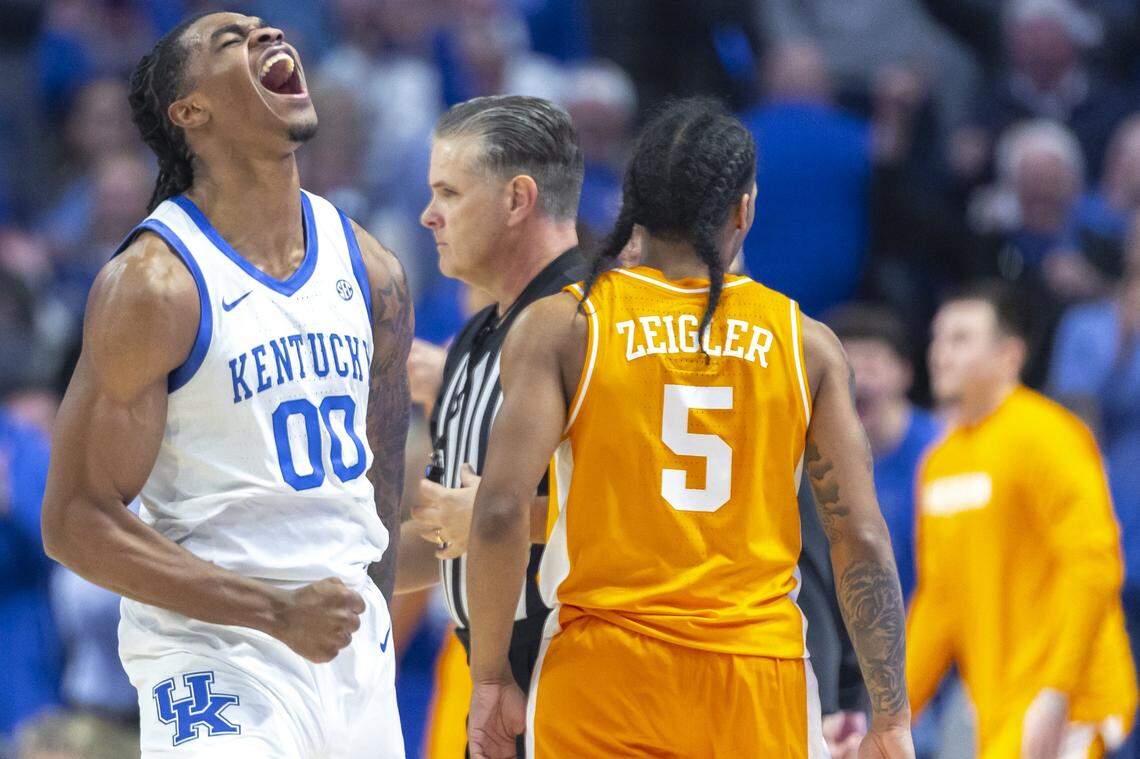 Kentucky guard Otega Oweh (00) reacts during the team’s win against Tennessee Volunteers at Rupp Arena on Feb. 11. UK and Tennessee will play each other in the Sweet 16 of the NCAA Tournament.