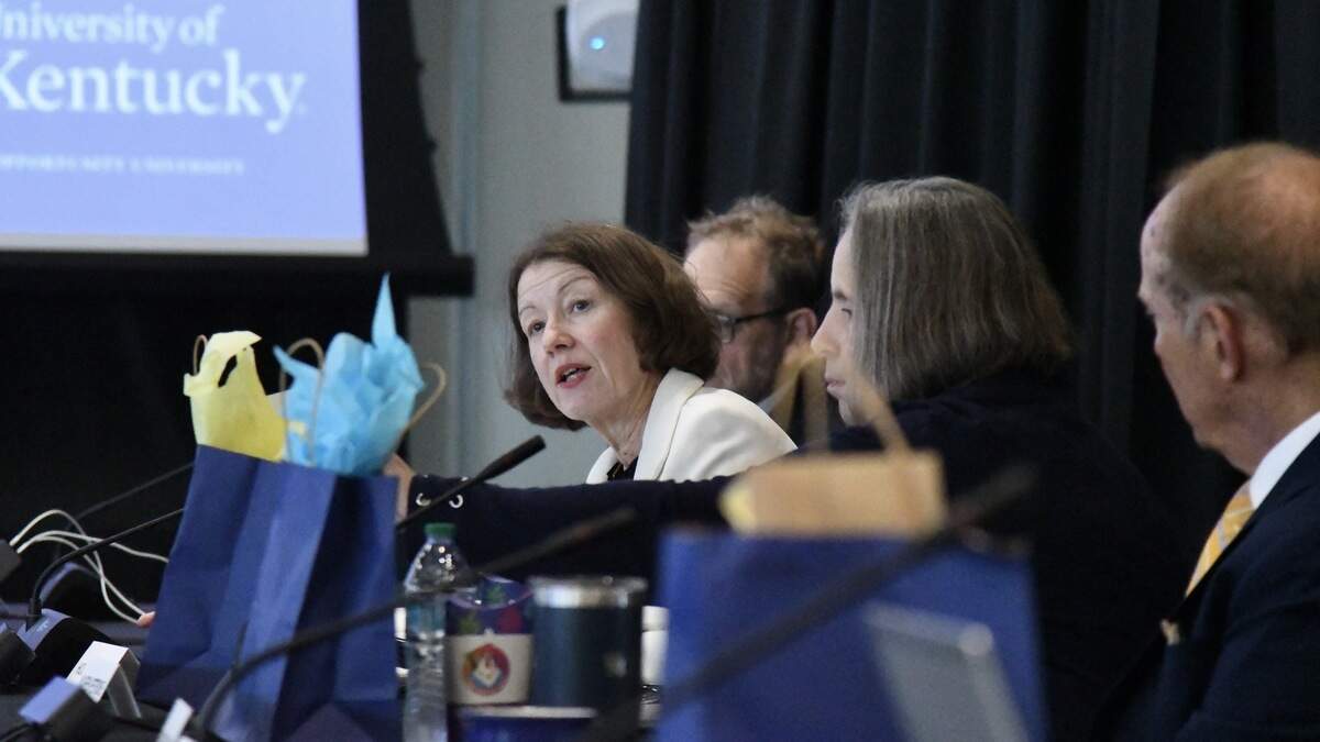 Hollie Swanson, faculty trustee on the University of Kentucky Board of Trustees, discusses how deans should be appointed during her last board meeting on Tuesday, June 30, 2026, at Kroger Field in Lexington, Kentucky.