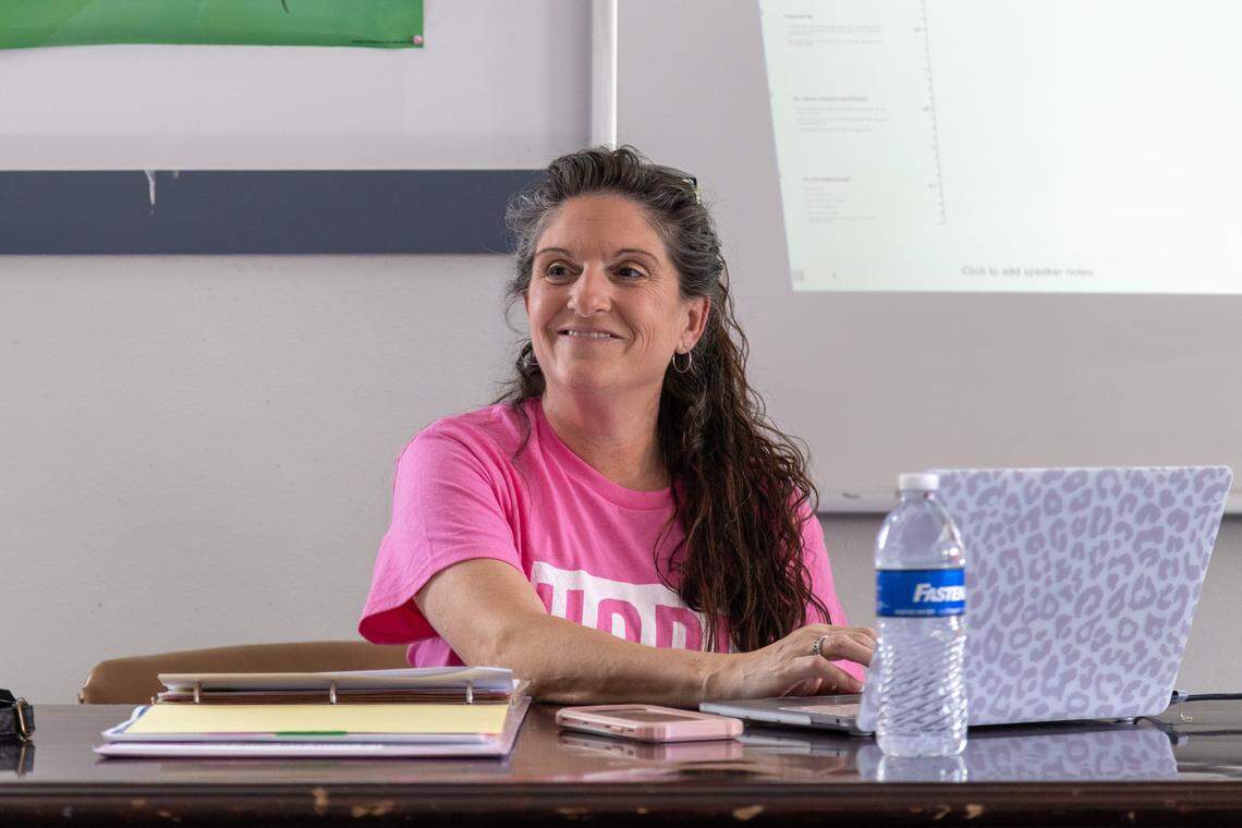 Cathy Stewart provides peer support specialist certification classes at the Franklin County Regional Jail in Frankfort, April 28, 2025.