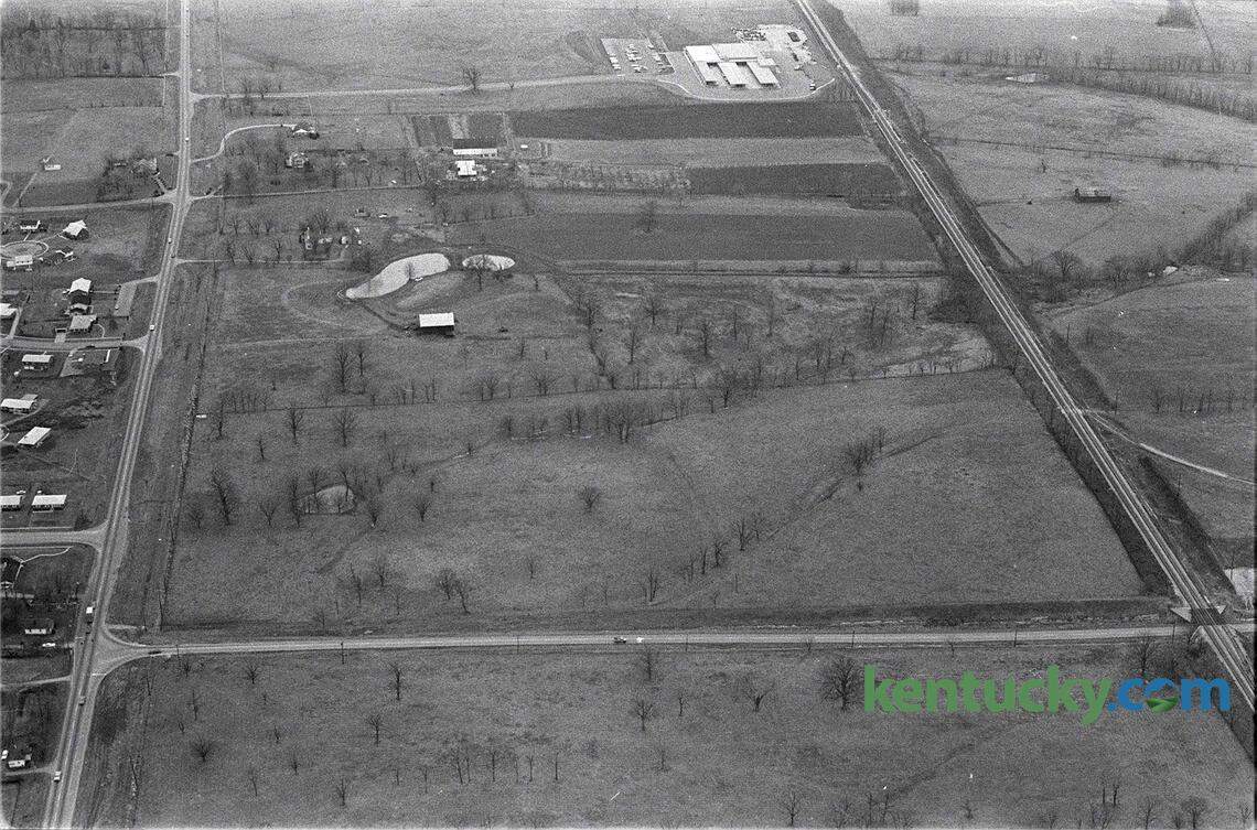 Aerial view of future Fayette Mall site January 19, 1967. Sixty acres of this land with frontage on Nicholasville Road, left, and Reynolds Road, near the bottom of the photo, was the John Shillito Company’s selection for the site of its first Kentucky department store. And in 1971, Fayette Mall was built.