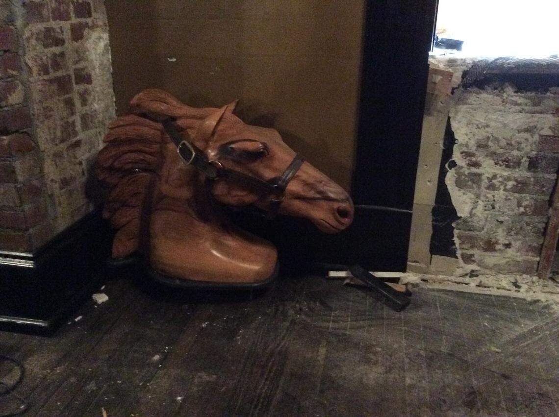 A carved horse’s head sat on the floor by the walls where the radiators have been removed at the old Parlay Social building, 249 West Short St. The renovated bar, restaurant and music venue will be reopening in March as ELIXIR Downtown.