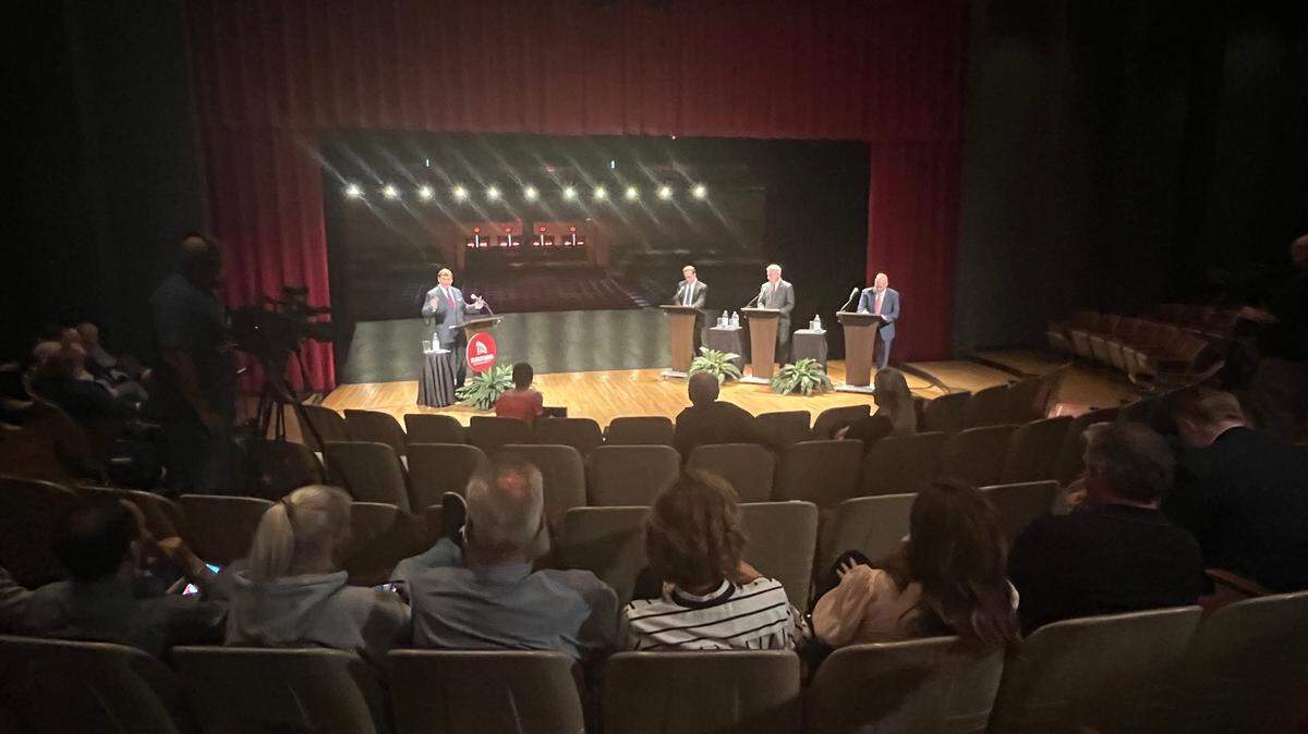 (from left) WKYT anchor Bill Bryant moderated a debate on Monday night between GOP governor candidates Auditor Mike Harmon, Commissioner of Agriculture Ryan Quarles and conservative activist Eric Deters