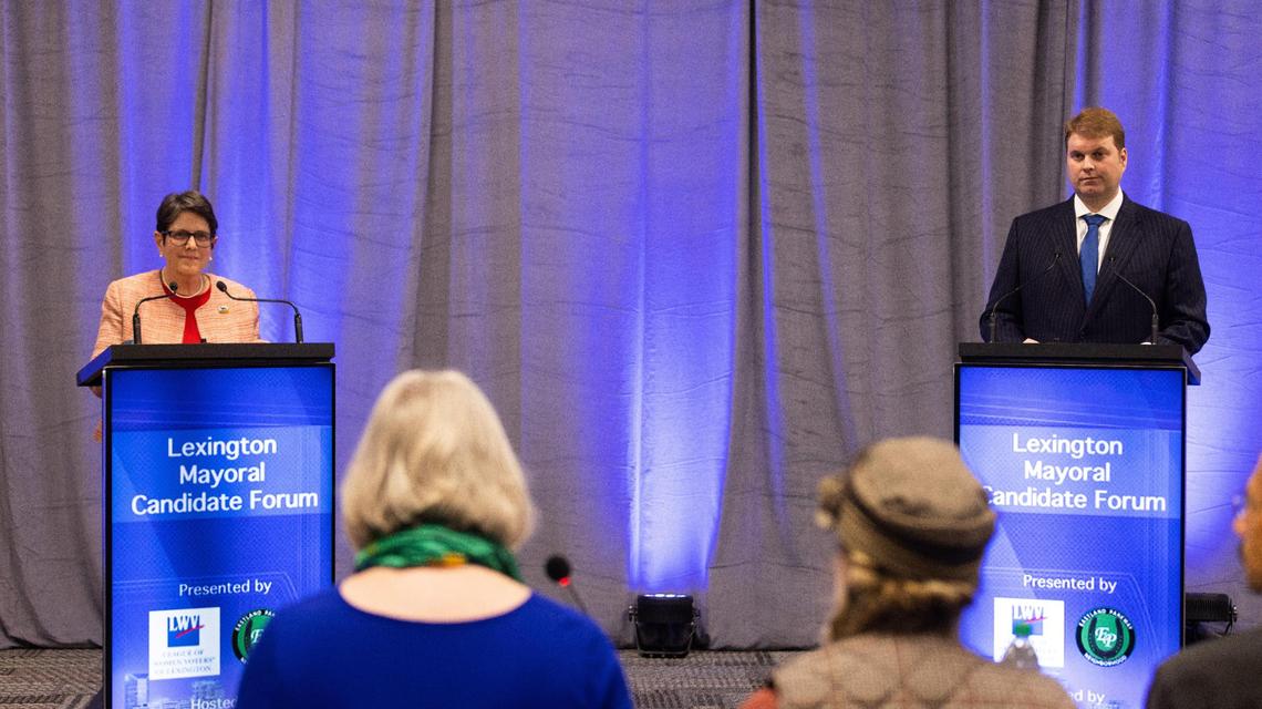 Mayoral candidate David Kloiber and incumbent Linda Gorton gave speeches and answered questions at a public forum hosted by the Eastland Parkway Neighborhood Association and Fayette County Neighborhood Council, Oct. 19, 2022.