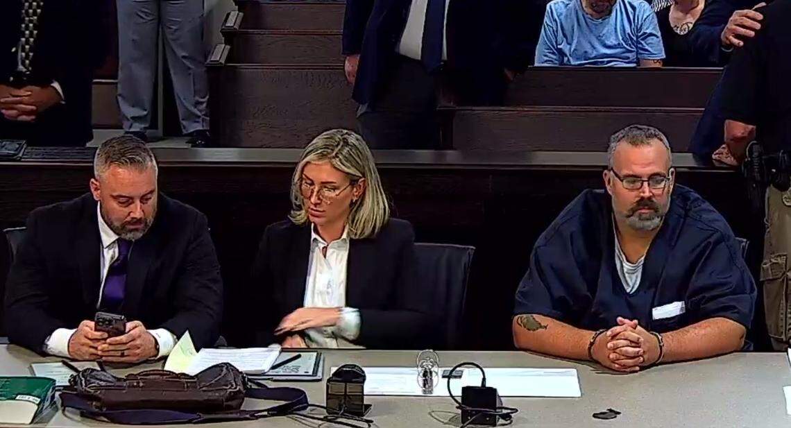 Former Sheriff Shawn Stines (right) appeared in court on Tuesday afternoon for his preliminary hearing. Alongside him are his attorneys, Jeremy (left) and Kerri (center) Bartley, of Somerset.