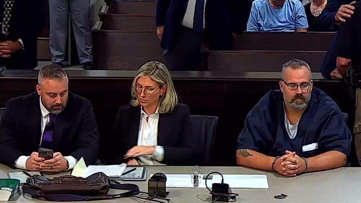 Former Sheriff Shawn Stines (right) appeared in court on Tuesday afternoon for his preliminary hearing. Alongside him are his attorneys, Jeremy (left) and Kerri (center) Bartley, of Somerset.