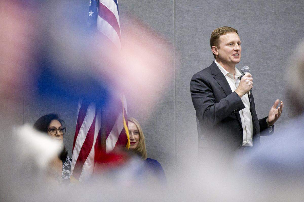 Zach Dembo, a candidate for the 6th district, speaks during the annual Wendell H. Ford Dinner on Tuesday, Sept. 30, 2025, at Clay Community Center in Mt. Sterling, Ky.