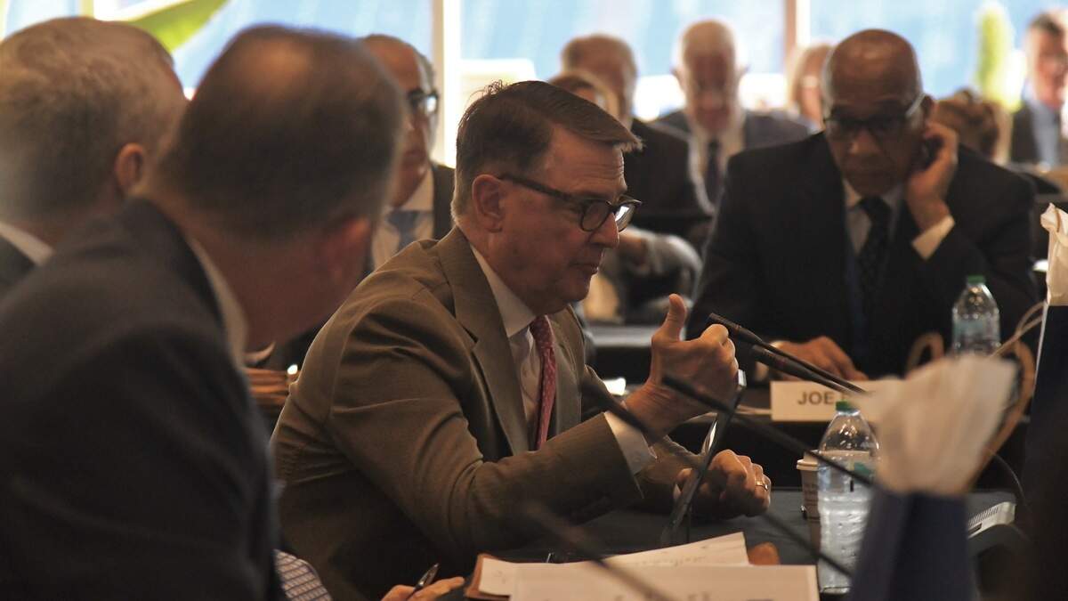 Jim Gray, University of Kentucky trustee, speaks at a board of trustees meeting on Tuesday, June 30, 2026, at the Longship Club in Kroger Field in Lexington. Gray supported giving the board of trustees, rather than the administration, the authority to appoint deans.