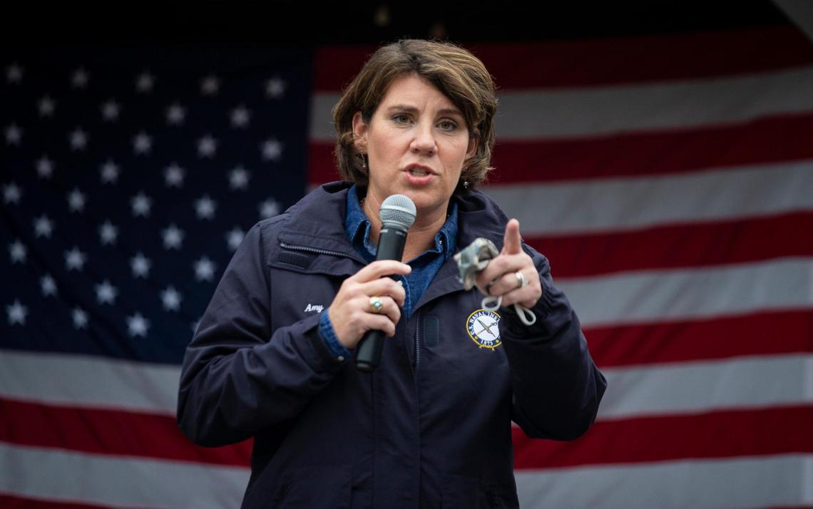 Democratic senate candidate Amy McGrath speaks during a campaign event at the Pioneer Playhouse in Danville, Ky., Wednesday, October 28, 2020. About 150 people attended the outdoor event.