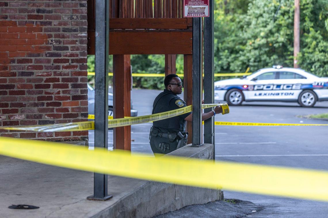 Members of the Lexington Police Department respond to the report of a shooting in the 2000 block of Cambridge Drive in Lexington, Ky., on Tuesday, Sept. 3, 2024.