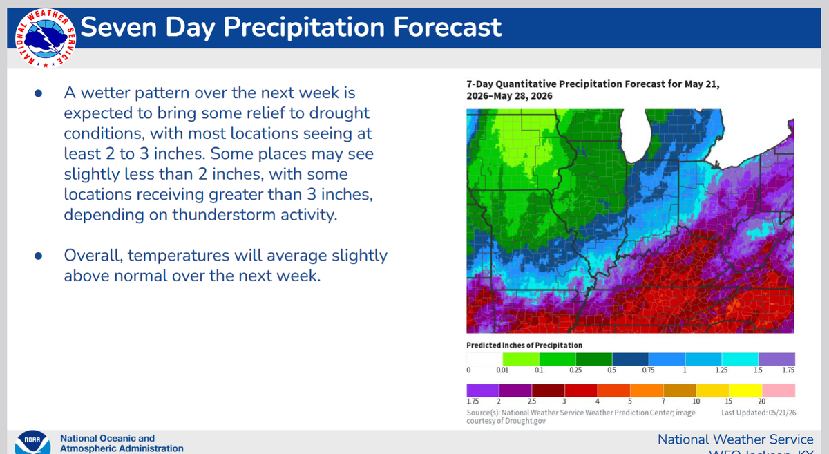 Most parts of Kentucky are expected to get at least 2 to 3 inches of rain between May 21 and 28, which the National Weather Service said should help relieve drought conditions.
