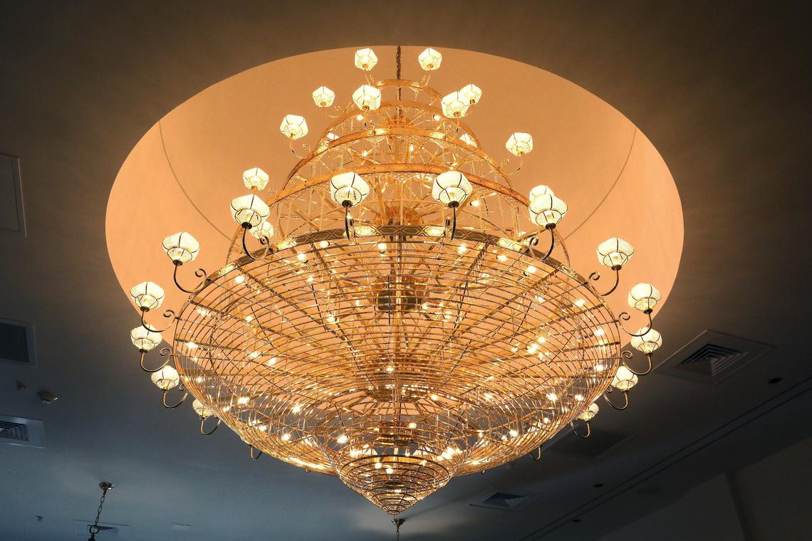 Thousands of crystals will adorn this chandelier once it is finished. The chandeliers are so tall that domes had to be put into the ceiling.