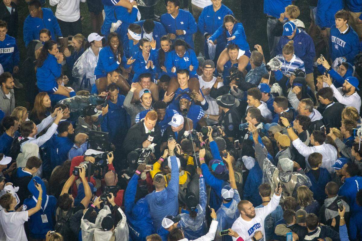 Kentucky Wildcats head coach Mark Stoops did a post game interview as UK defeated Mississippi State 28-7 at Kroger’s field on Saturday Sept. 22, 2018 in Lexington, Ky.