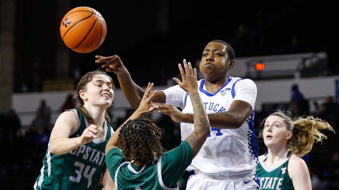 Dre’una Edwards (44) was suspended for a game by UK Coach Kyra Elzy for the second time this season on Thursday.