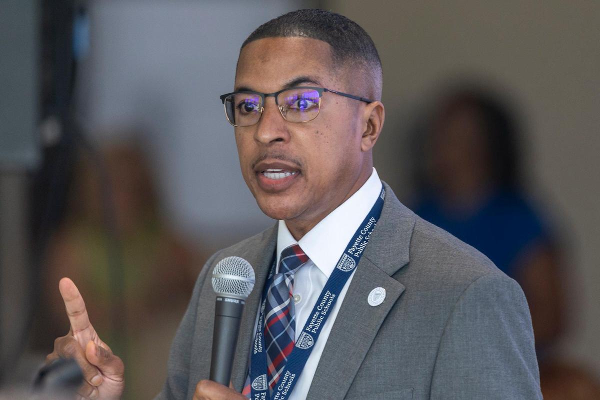 Demetrus Liggins, Fayette County Public Schools superintendent, speaks during the district’s Budget Solutions Work Group first meeting at the Hill in Lexington, Ky., on Wednesday, June 25, 2025.