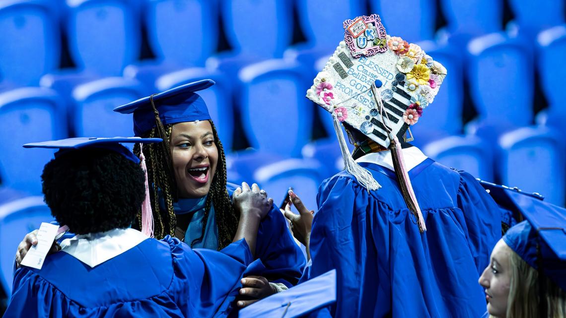 A “Blessed Cause I Believe” graduation hat during the first of two UK graduation ceremonies at Central Bank Center on May 9, 2025, in Lexington, Ky.