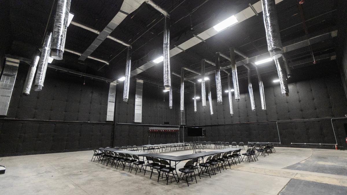 One of three large sound stages converted from former movie theater spaces within Lex Studios on Codell Drive, July 15, 2024.