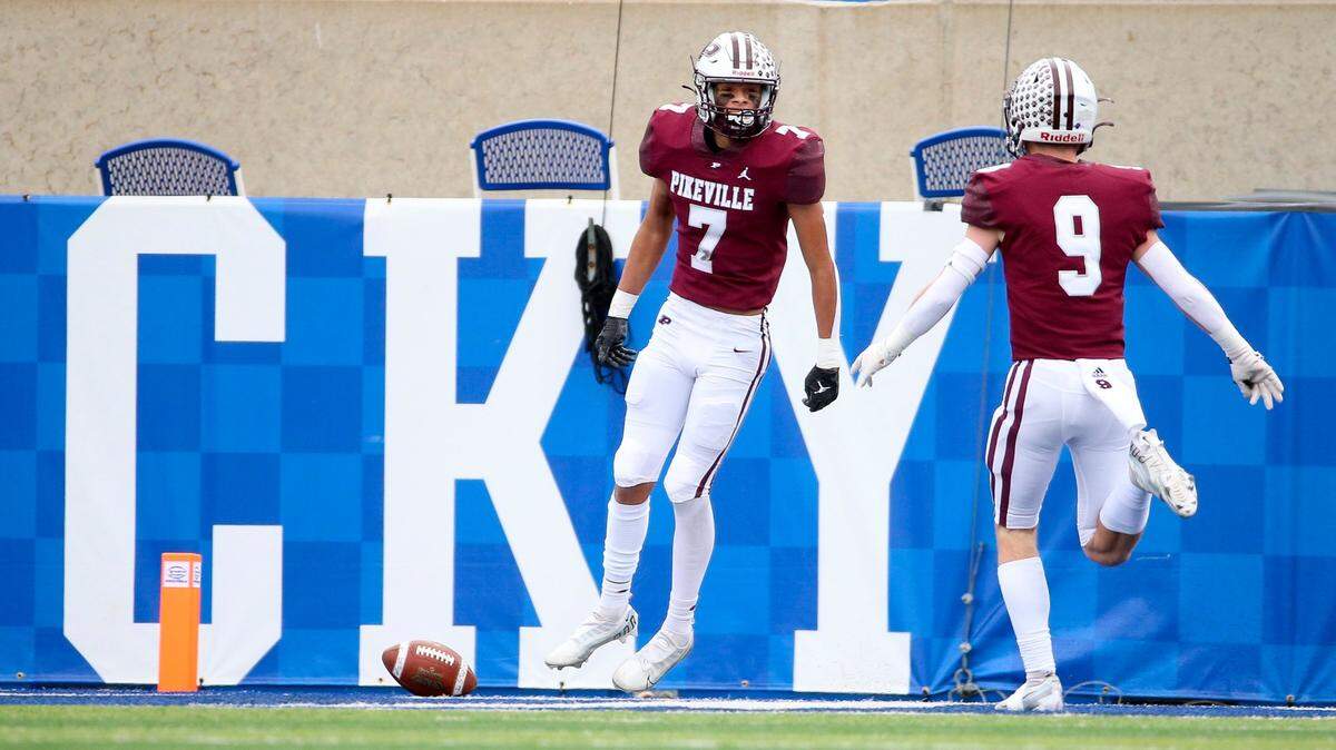 Pikeville’s Deonte Stevens (7) celebrates after returning a first-half fumble recovery 74 yards for a touchdown.