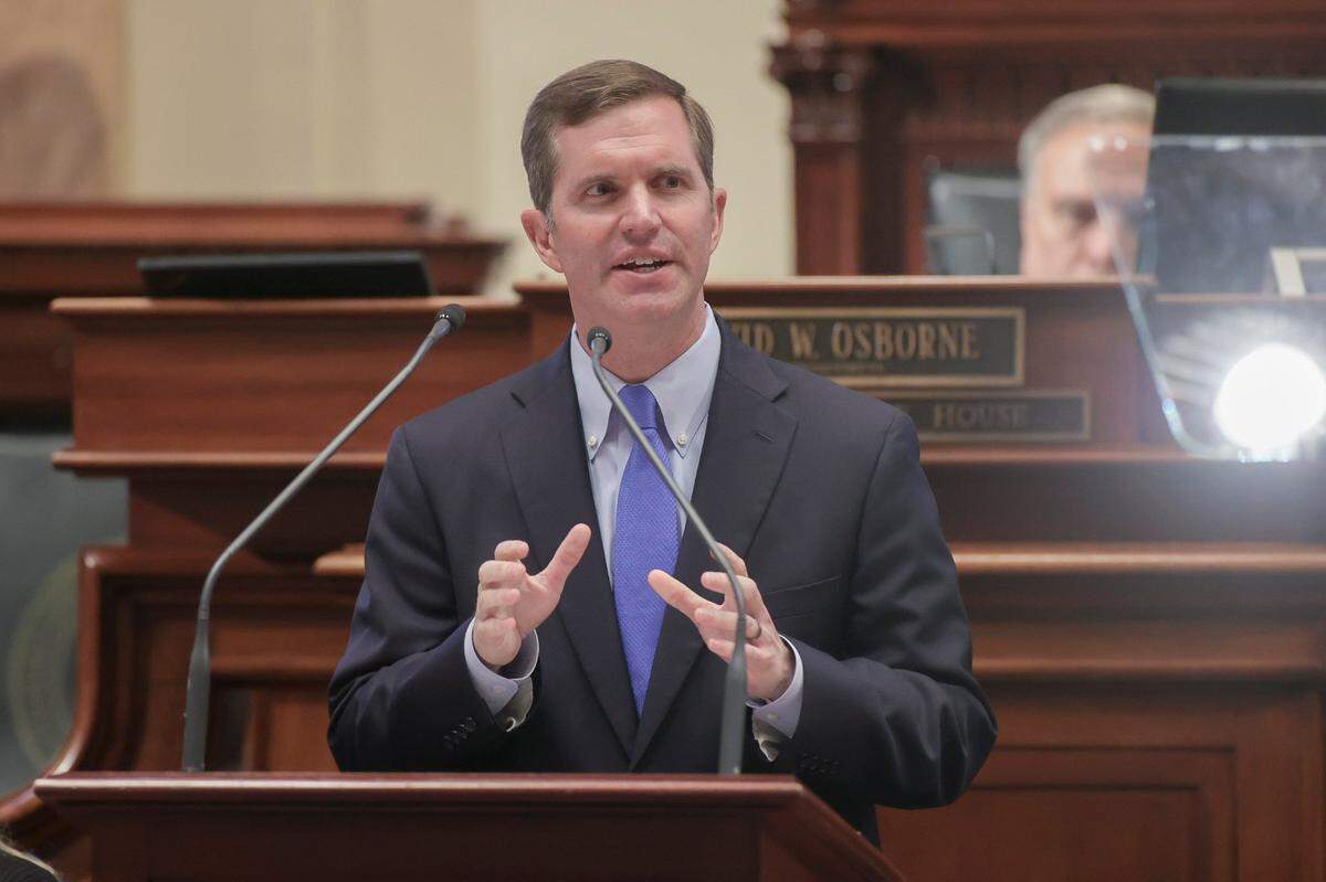 Kentucky Gov. Andy Beshear delivers his State of the Commonwealth address to the General Assembly at the Kentucky state Capitol in Frankfort, Ky., on Wednesday, Jan. 4, 2023.