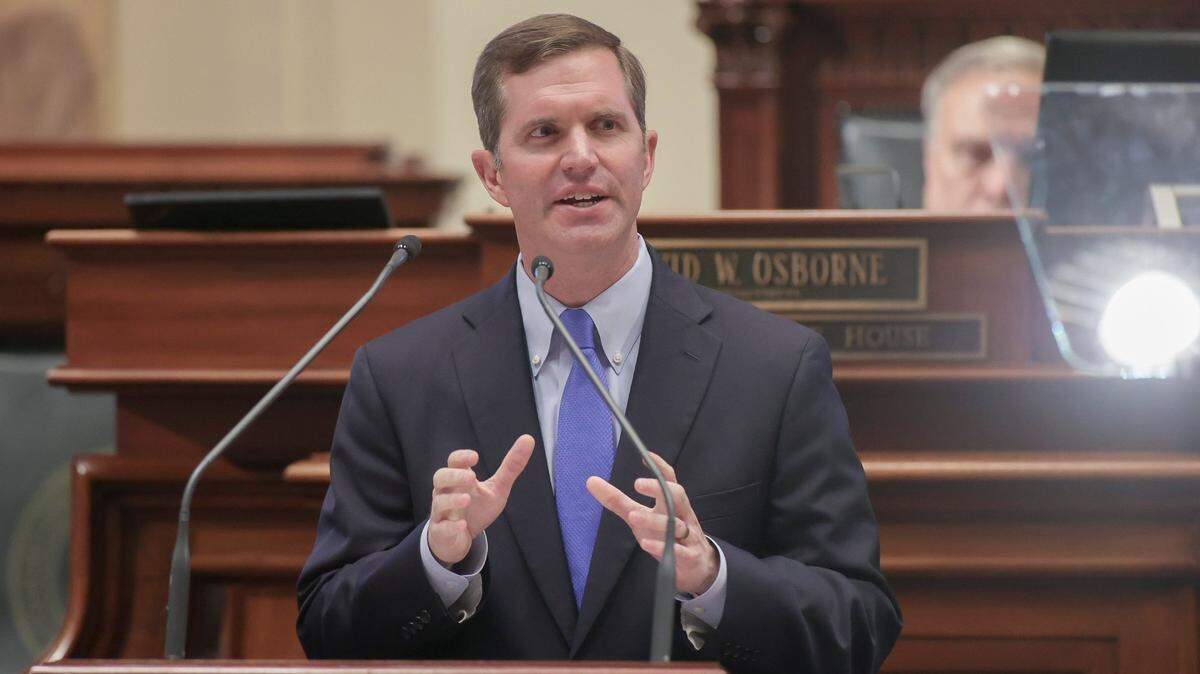 Kentucky Gov. Andy Beshear delivers his State of the Commonwealth address to the General Assembly at the Kentucky state Capitol in Frankfort, Ky., on Wednesday, Jan. 4, 2023.