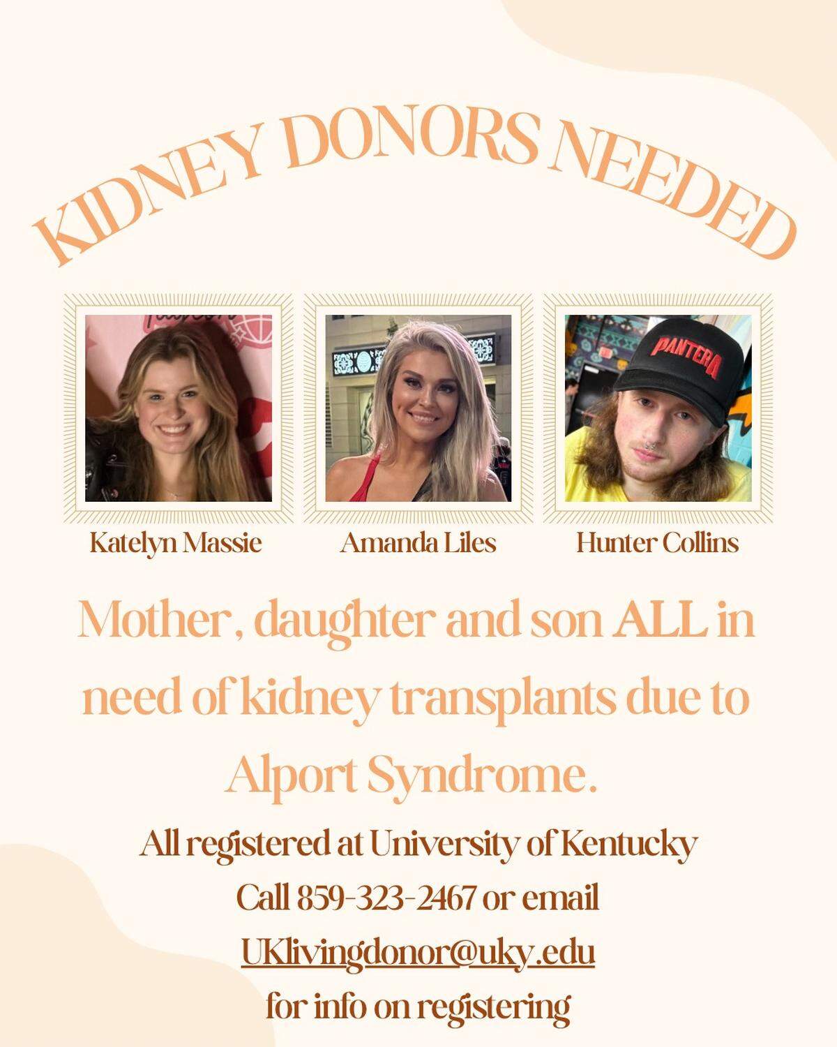 Amanda Liles and her two kids, Hunter Collins and Katelyn Massie, are all experiencing kidney failure. They all have Alport Syndrome, which is a rare disease that is very common in the family.