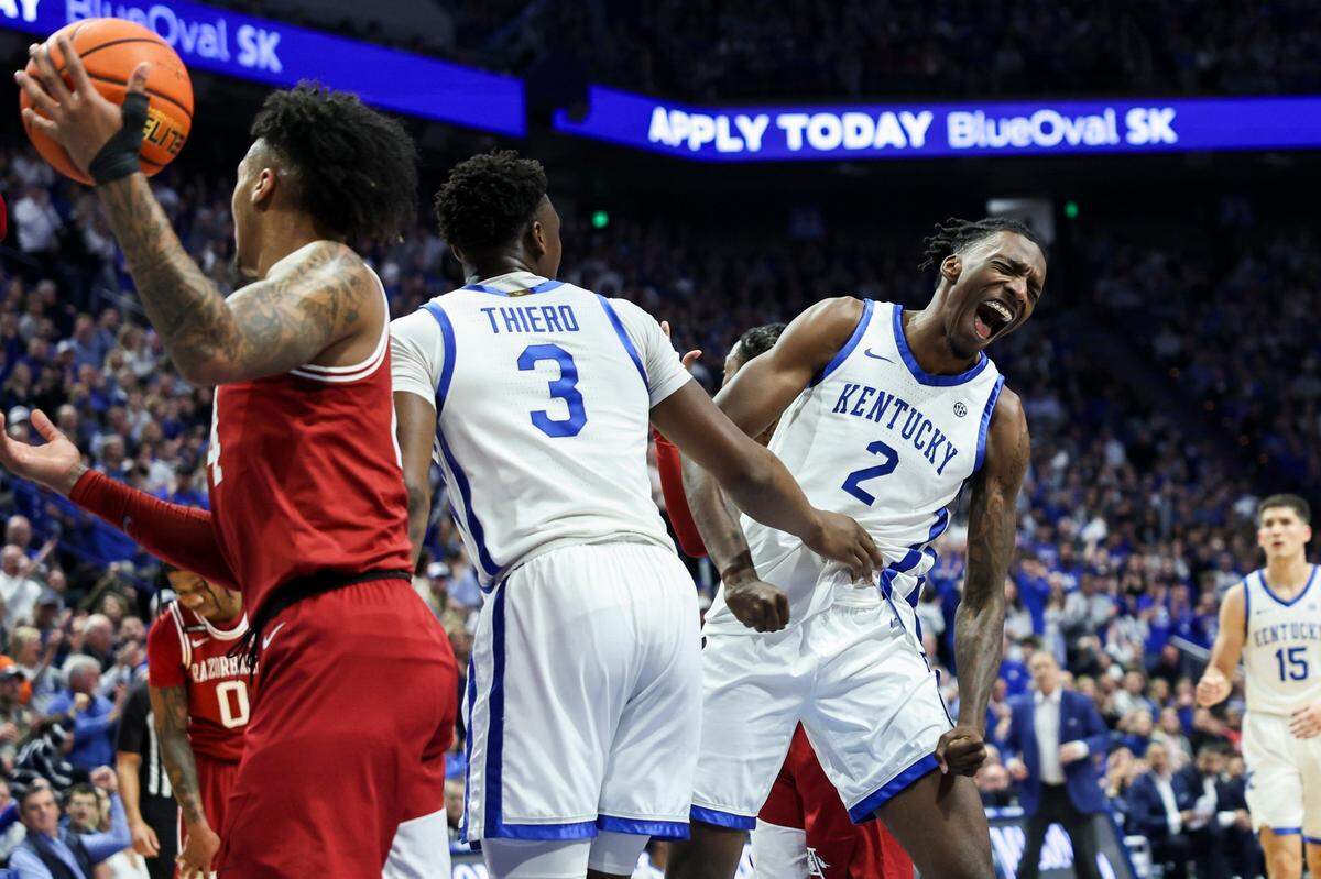 Kentucky forward Aaron Bradshaw (2) celebrates scoring and drawing a foul against Arkansas. Bradshaw delivered 15 points and five rebounds in 12 minutes of action.
