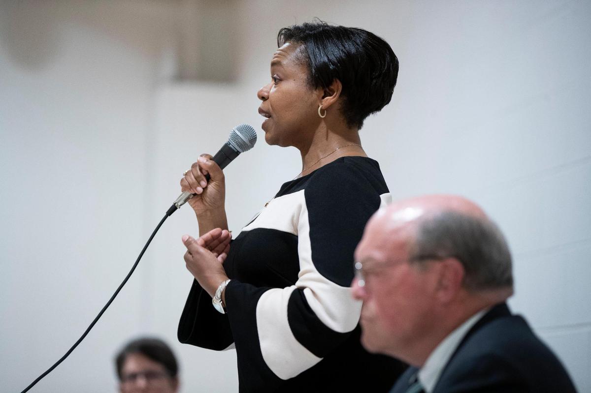 Angela Evans, candidate for Fayette County Attorney, answers questions during a forum for mayoral and county attorney candidates at the Lyric Theatre in Lexington, Ky., Thursday, April 21, 2022.