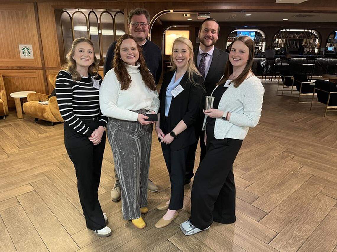 Staff of the Lexington Herald-Leader won 27 press awards from the 2026 Kentucky Press Association Winter Convention Jan. 23, 2026. Pictured, from left, crime and courts reporter Taylor Six, former audience editor Andrew Henderson, higher education reporter and editor Monica Kast, service editor Jackie Starkey, managing editor Alex Valentine and politics and public affairs editor Tessa Duvall.